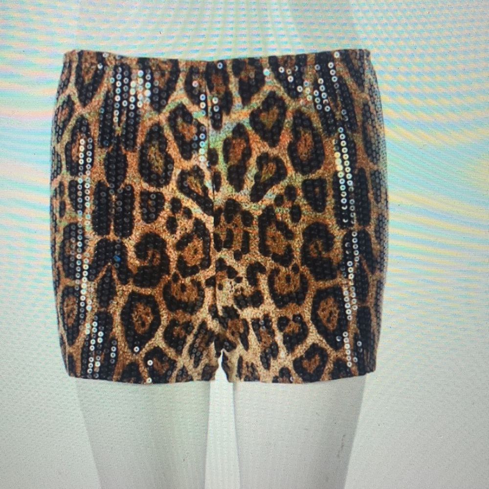 Leopard Print Sequin Women’s Shorts - Brown - Picture 3 of 5